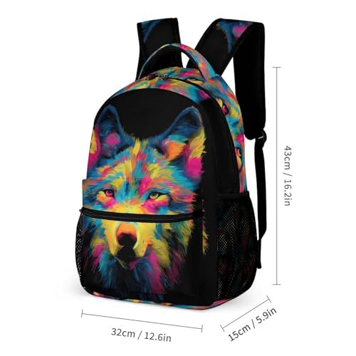 Colorful Wolf Printed Backpack with Lunch Box Bag Pencil Case Pouch 3pcs Daypack Set for Women Men2