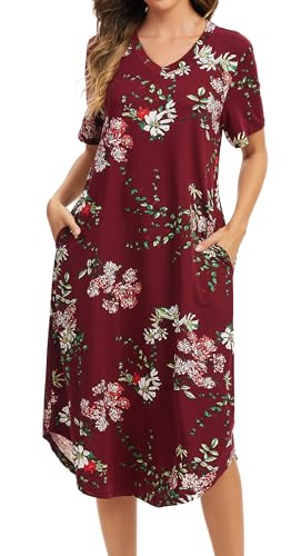 Image of Kabento Nightgowns for Women Cotton Short Sleeve Long Night Gowns with Pockets
