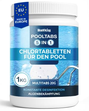 BlueViking Chlortabletten Fuer Pool | 5 in 1 Multitabs 20g, 1 kg | Langzeit-Chlorierung, Algizid & Filterschutz | Made in Europe