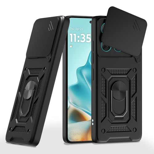 Image of Pikkme Back Cover for Motorola Moto Edge 60 5G / Motorola Moto Edge 60 Fusion 5G | 360 Protection Case | Sliding Camera Shield Cover & Ring Holder Stand D10 Tough Armor Bumper Case (Black)