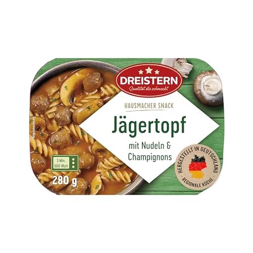DREISTERN Jägertopf 280g I Mit Champignons & Nudeln I Herzhaftes Fertiggericht in Mikrowellenschale I Lange Haltbarkeit dank natürlicher Konservierung I Hausmacher Qualität
