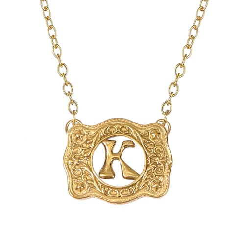 14K Gold Belt Buckle Necklace Western Style Initial Letter Pendant Necklace, Decorative Belt Buckle Frame Design