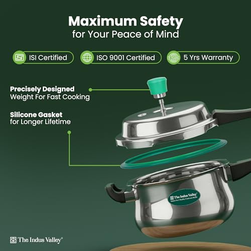 Image of The Indus Valley Triply Stainless Steel 5.5 Litre Pressure Cooker Outer Lid | Handi pressure cooker| Induction Friendly | ISI-Certified, Nonstick 3-Layer Body, 100% Pure & Toxin-Free, 5 Years Warranty