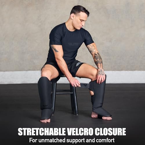 Image of Elite Sports Muay Thai Shin Guards Kickboxing MMA Muay Thai Leg Instep Protective Pads, Martial Art Kicking Sparring Training Gear for BJJ Karate Boxing Taekwondo (Solid Black, S-M)