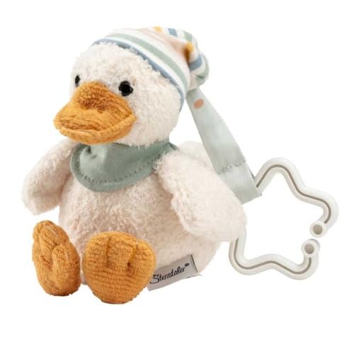Pendentif jouet canard Edda Lou avec bonnet, doudou avec suspension en étoile pour une fixation facile sur la poussette, le siège bébé ou le parc
