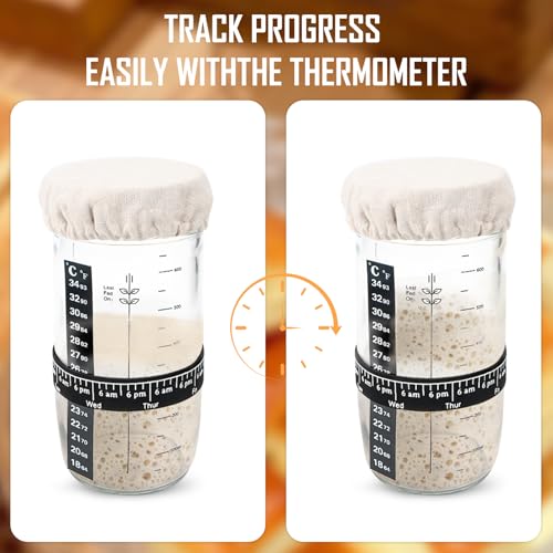 Sauerteig Starter Set 900ml Sauerteig Glas mit Holzdeckel, Aluminiumkappe, Gummiband, Thermometerpapier, Silikon Spatel, Stoffhut, Etikett, Messlöffel, Mixmesser für Brotbacken, Fermentieren