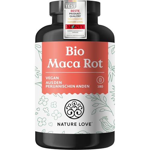 NATURE LOVE Bio Maca Rot - 180 Kapseln - 3000mg pro Tagesdosis (entspricht 12.000mg Maca Wurzel) - Mit natürlichem Vitamin C - Zertifiziert Bio hochdosiert vegan in Deutschland produziert