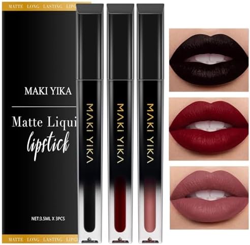 MAKI YIKA 3Pcs Matte Liquid Lipstick Set Black Dark Red Nude Lipstick