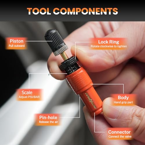 Image of Adjustable Auto-Stop (10-30 PSI) Tire Air Down Deflator Valve Kit,Includes Valve Caps & Storage Bag,4-in-1 Valve Tool Compatible with Car, Truck, Jeep, SUV, ATV(Orange)