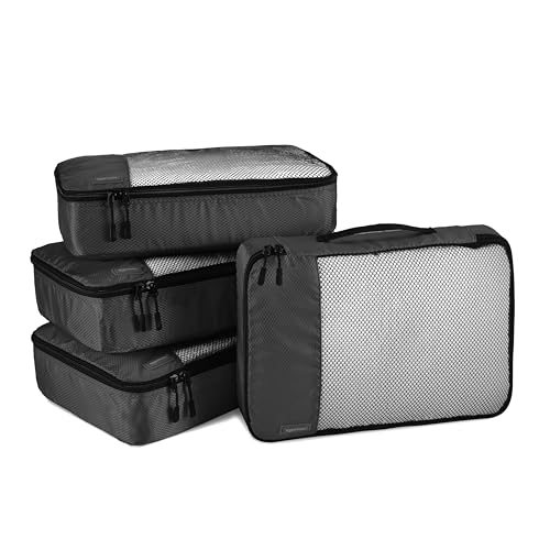 Amazon Essentials 4-Piece Packing Cubes Travel Accessories Set, Luggage Organizer with Double Zipper, Mesh Top, 100% Polyester, Medium, Black (Previously Amazon Basics)