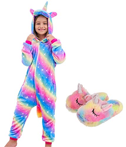 Girls Unicorn Pajamas Onesie with Unicorn Slippers (Rainbow Galaxy, 3-4 Years)