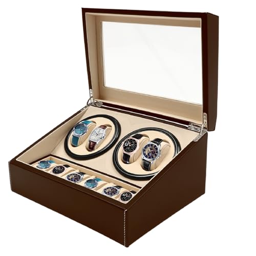 NeNchengLi Leather Automatic Watch Winder Box 4+6 Automatic Rotation Watch Display Storage Box Organizer, Glass Top Metal Hinge Case for Men Women, Brown