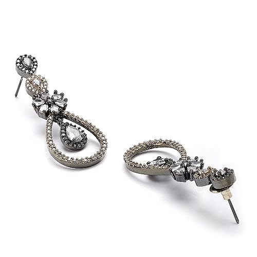 Gunmetal Toned AD Studded Teardrop & Floral Necklace Set