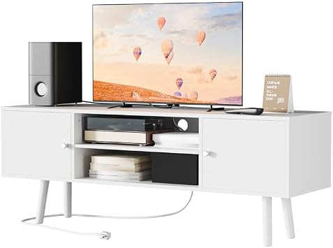 TV Stand for 48-55 Inch TV, Mid Century Modern Entertainment Center with Storage Cabinet, TV Media Console with Charging Station for Living Room White, 53.1" W x 15.7" D x 19.7" H