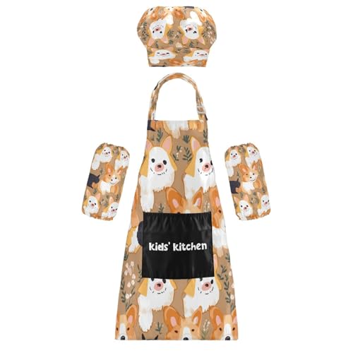 Bulletgxll Cute Dogs Kids Apron and Chef Hat Set Adjustable Bib Aprons with Pockets for Cooking Baking Painting