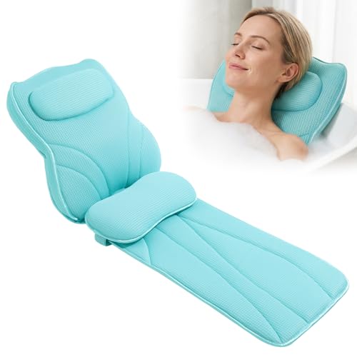 Extra Long Thick Full Body Bath Pillow for Tub with Lumbar Pillow- Luxury 4D Air Mesh Bathtub Pillow with Head Shoulder & Back Support Non-Slip Bath Cushion with Suction Cups-Lake Blue