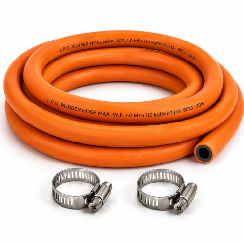 Image of 1.5 Meters ISI Certified LPG Hose Pipe for Stove with Reinforced Steel Wire Flame Resistant with Clamp for Hp /Indane /Bharatgas Gas Recommended uncut Customized Length
