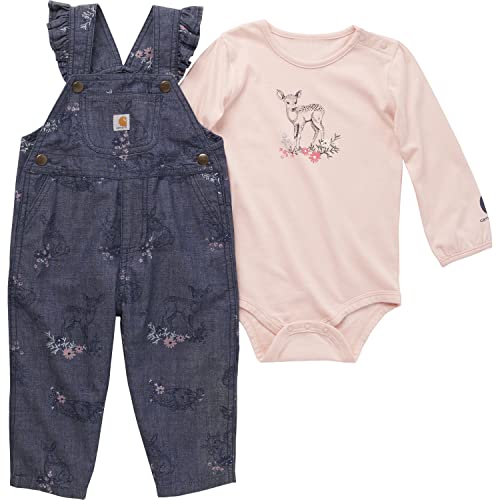 Image of Carhartt Baby Girls' Knit & Woven Long Sleeve Henley-Neck Overall Set