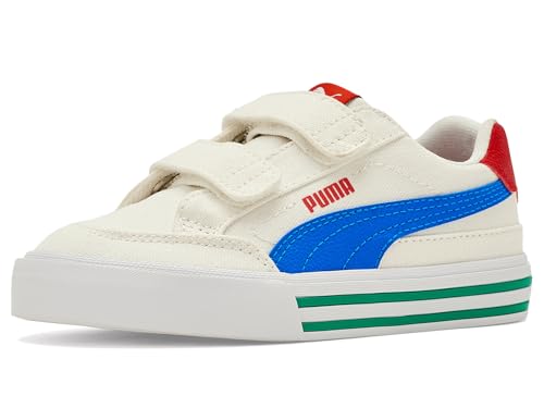 Image of Puma, Unisex Kids Court Classic Vulc Hook and Loop (Little Kid) White/Racing Blue 1 Medium Little Kid