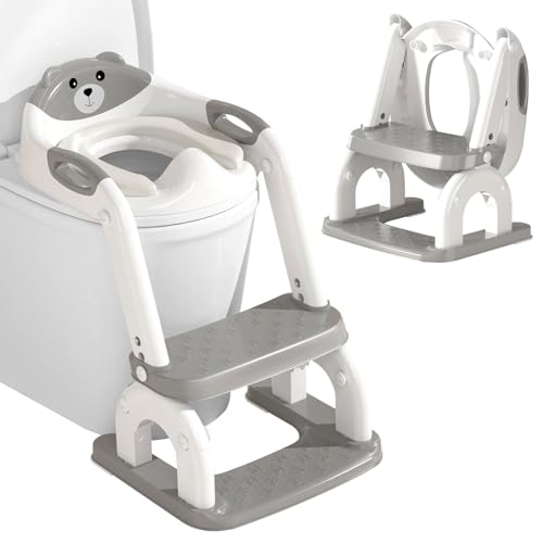 DEEKI Potty Training Seat Upgrade 2 in 1 Toddler Training Toilet Chair Potty Seat with Step Stool Ladder for Baby Kids Boys Girls(Grey)