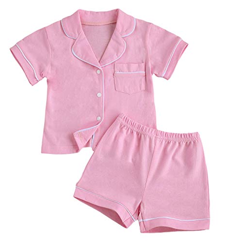 Unisex Baby Organic Cotton Pajama Sets, Toddler Girls Boys Short Sleeve Button-Down Top & Shorts 2-Piece Sleepwear (Pink, 5T)