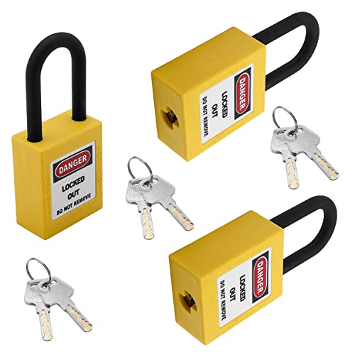 Image of Nylon Lockout Tagout Locks with Hasps, Loto Tags and Safety Padlocks 37x45mm /1.46x1.77 inch（WxH Keyed Different Loto for Lock Out Tag Out Yellow 3Pcs
