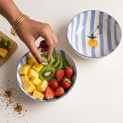 Image of Ceramic Snack Bowl Set for Serving, Dessert & Fruits | Multipurpose Kitchen Bowls Set | Premium Aesthetic Small Serving Bowls | Blue & White | Pack of 2 | 700ml