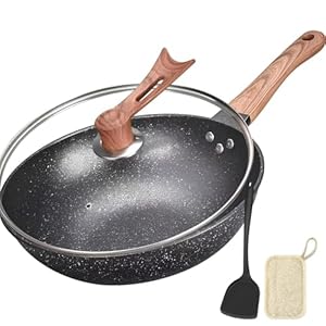 Nonstick Wok with Lid, 12.5 inch Cooking Woks & Stir-Fry Pans, Granite Stir Fry Pan, Deep Frying Pan Skillet for Electric, Induction & Gas Stovetop, Pfoa Free
