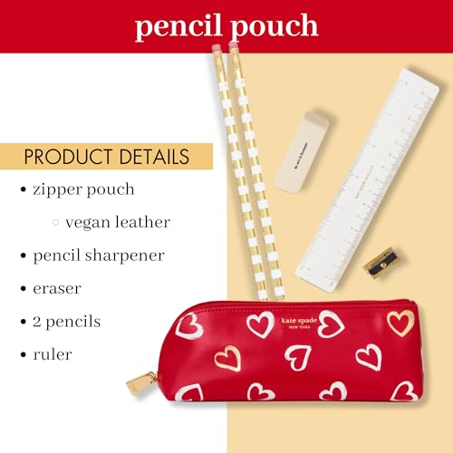 Image of kate spade new york Pen and Pencil Case with Office Supplies for Adults, Zip Pouch Includes 2 Pencils, Sharpener, Eraser, and Ruler, Brushstroke Hearts