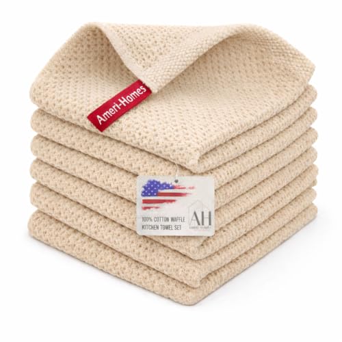 Image of Ameri-Homes 100% Cotton Waffle Kitchen Dish Cloths 6-Pack- Ultra Absorbent & Quick Dry, Counters & Kitchen Use - Soft, Durable & Lint-Free13.50X13.50 inches (Off-White)