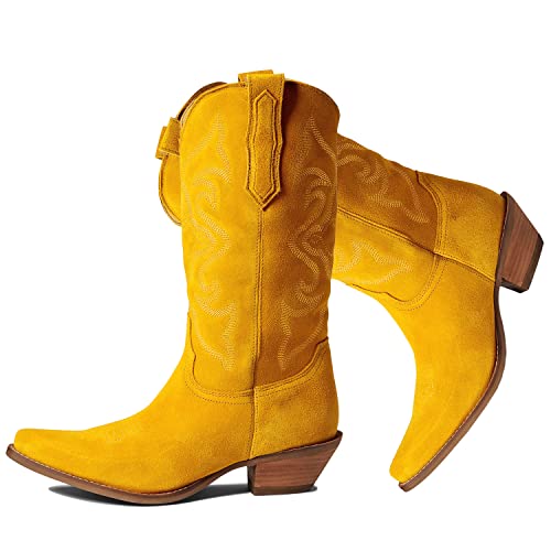 Image of LEHOOR Cowboy Boots Women Embroidered Mid Calf Western Boots Stacked Low Heel Pointed Toe Pull On Cowgirl Boot 4-11 M US