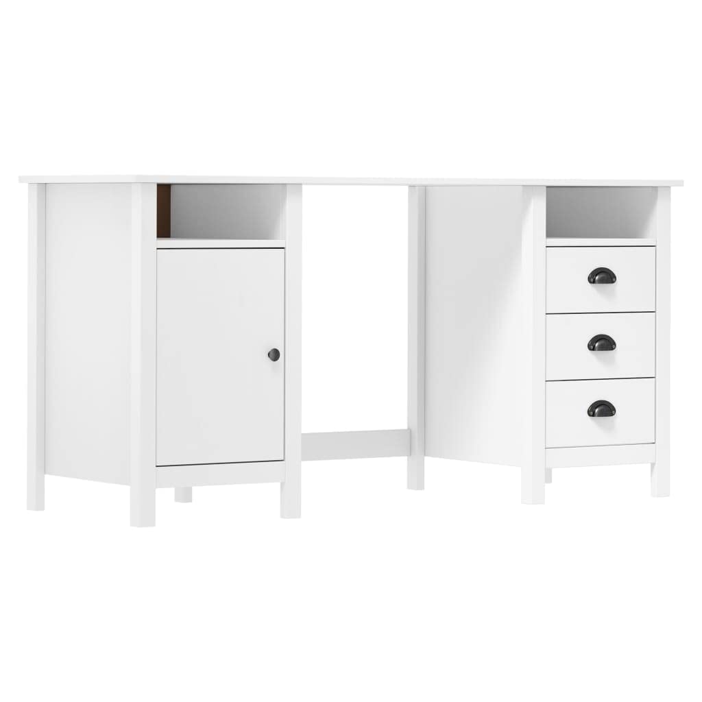 Bureau en bois massif blanc 150 x 50 cm table de bureau rustique stable avec tiroirs et porte