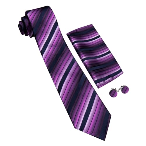 Image of Barry.Wang Man Stripe Ties Set Silk Woven Pocket Square Necktie Cufflinks Formal Party Business