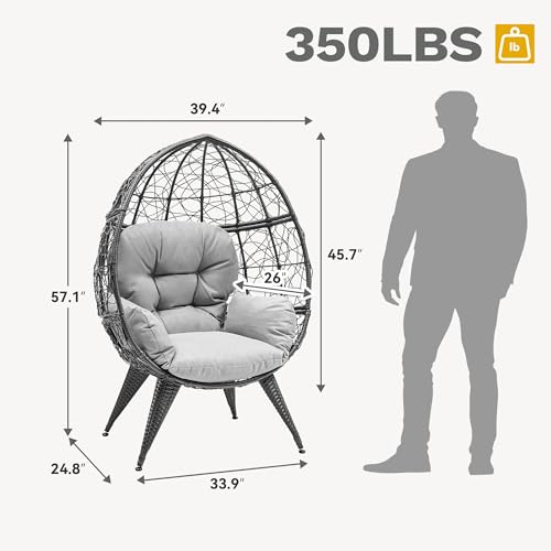 DWVO Oversized Egg Chair with Stand Rattan Outdoor Chairs, Large Lounger Chair with Cushion, Adjustable Leveling Feet, Egg Chair Indoor for Bedroom, Living Room, Outdoor Backyard, Patio, Garden, Grey