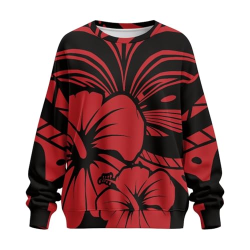 xixirimido Oversized Women Sweatshirt, Loose Fitting Crewneck Pullover for Leisure Activities and Daily Wear, Red Polynesian Hibiscus