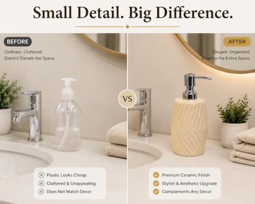 Image of Quace Ceramic Soap Dispenser for Bathroom & Kitchen Sink | Beige Liquid Soap Dispenser with Rust-Resistant Pump | Refillable Hand Wash Dispenser for Wash Basin, Vanity Counter & Home Decor