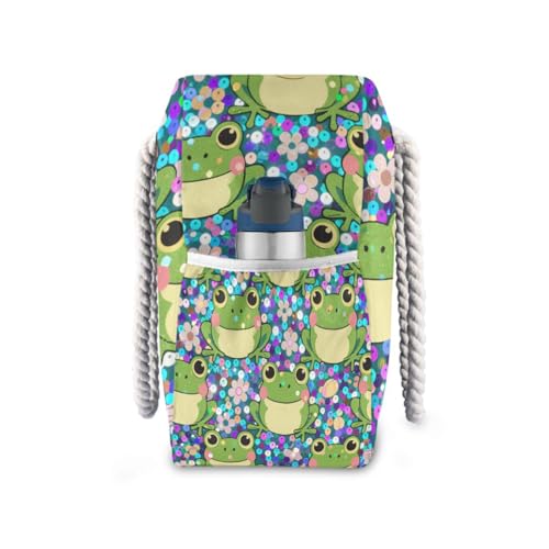 Fake Sequin Glitter Purple Frog Bags For Women Waterproof Sandproof with side pockets Large Pocket Tote Bag for Travel Gym Vacation3