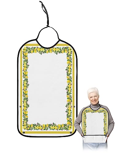 Kewadony Adult Bibs for Elderly Women - Lemon Summer Waterproof Dining Clothing Protectors with Crumb Catcher for Eating/Feeding, Yellow Lemon Floral Lace Terry Cloth Bib Machine Washable
