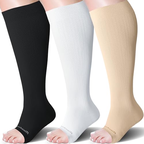 Open Toe Compression Socks for Women&Men Toeless 20-30 mmHg Knee High Stockings for Nurses, Prenancy, Travel