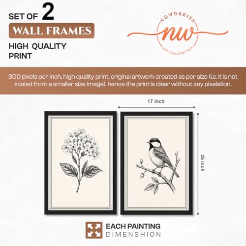 Image of NoWorries Black & White Botanical Bird Wall Art Set of 2 Framed Prints for Living Room Bedroom Office | Vintage Nature Sketch Wall Decor with Wooden Frame (Art-8, 17x25inch)