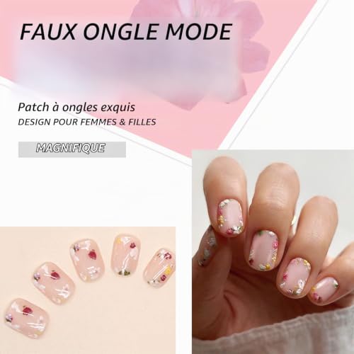 Ceboic 24 Pièces Carrés Faux Ongles Court, Cute Fleurs French Acrylique Press on Nails, Glossy Reutilisable Artificiels Ongles à Presser pour Femmes et Filles, Faux Ongles à Coller Nail Art – vue 2