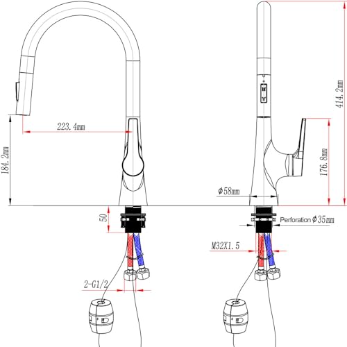 Robinet de cuisine extractible pour îlot central et évier double bac
