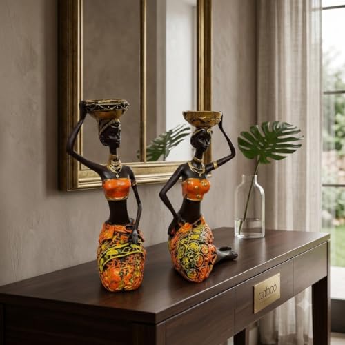 Image of Vibrant Beautiful Finish Uniquely Hand Crafted Home Decor African Tribal Women Art Piece (Sitting African Lady Set of 2)