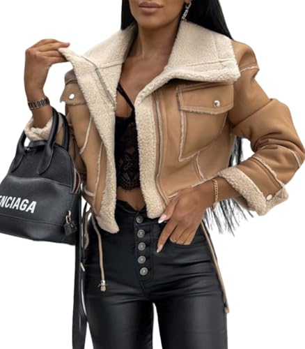 INVACHI Women's Cropped Faux Leather Jacket Fleece Lined Aviator Coat Warm Winter Sherpa Jacket