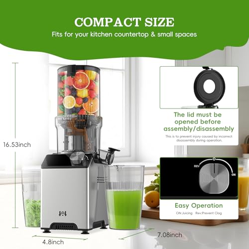 WHUTO Cold Press Juicer, Wide Feed Chute Juicer Machines, Stainless Steel Slow Masticating Juicers Easy to Clean, Vegetables & Fruits Juice Extractor, High Juice Yield, Gray Knob - Thumbnail 5