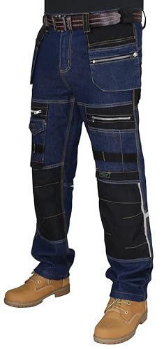 HASHOOB TRADING FZE Pantalones de trabajo para hombre, con múltiples bolsillos, pantalones cargo resistentes, Azul-3, 36W / 34L