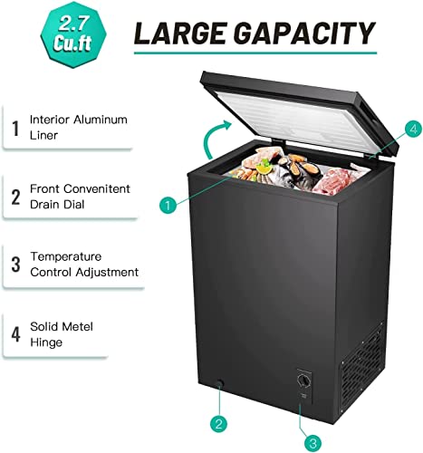 Antarctic Star 2.7 Cu. Ft Chest Freezer 6.8℉To -4℉With Removable Basket Free Standing Top Open Door Compact Freezer With Adjustable Temperature Defrost Water Drain/Power Saving Black #TOP2