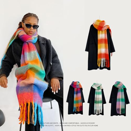 Large Chunky Plaid Scarf Checked Colorful Oversized Scarves Soft Big Cashmere Wool Thick Winter Warm Blanket Women (rainbow)2