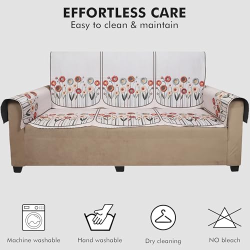 Image of Velvet 5 Seater Sofa Cover with 10 Seat and Back Covers - Floral Daisy Print - Washable Fabric - Stylish Sofa Cover for Modern Living Room (Beige, 5 Seater Without Arm Covers)