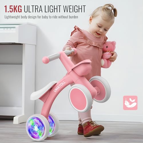 Image of Umatoll Colorful Lighting Baby Balance Bike Toys for 1 Year Old Girl Gifts, Adjustable Seat, First Birthday Gifts, 12-24 Months Toddler Bike, New Pink